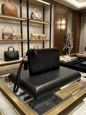 Coach Black Pebbled Leather Wristlet Double Pouch